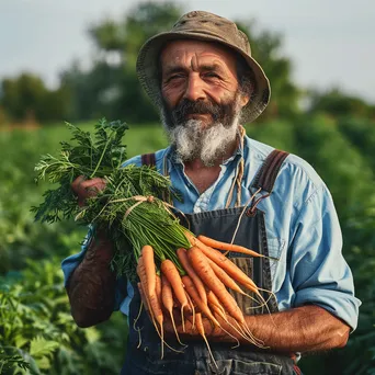 Farmer holding organic carrots in green field. - Image 3