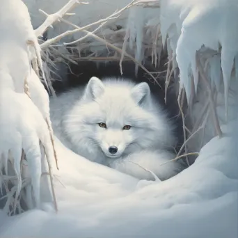 Tenebristic depiction of an arctic fox curled up in a frosty winter landscape - Image 1