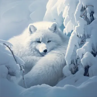 Tenebristic depiction of an arctic fox curled up in a frosty winter landscape - Image 2