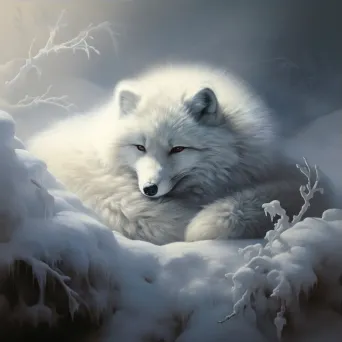 Tenebristic depiction of an arctic fox curled up in a frosty winter landscape - Image 3