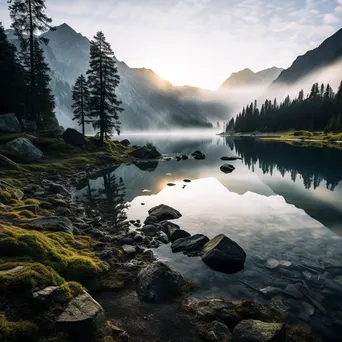 Misty alpine lake at dawn with fog and mountains - Image 2