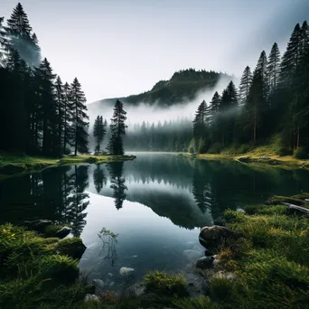 Misty alpine lake at dawn with fog and mountains - Image 3