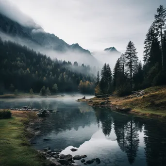 Misty alpine lake at dawn with fog and mountains - Image 4