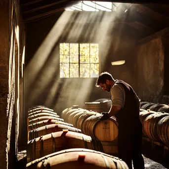 Winemaker inspecting wine barrels in sunlit cellar - Image 2