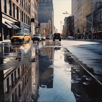 City street in rain reflecting sunny city in puddles - Image 4