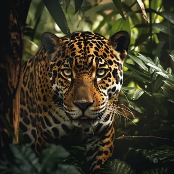 Wild jaguar stalking through dense rainforest foliage - Image 1