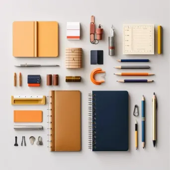 Top view of stationery items on a desk in a minimalist setup - Image 1