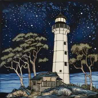 Old Lighthouse under Starry Night Sky