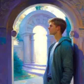 Young man looking into a shimmering portal showing a future world in revolution - Image 3