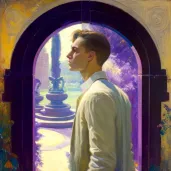 Young man looking into a shimmering portal showing a future world in revolution - Image 4