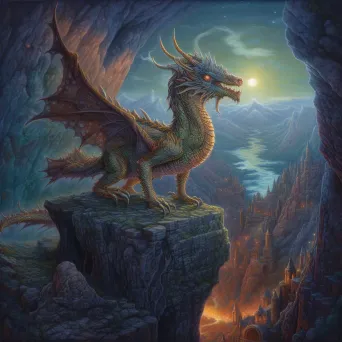 Image of mythical dragon perched on mountain at night - Image 4