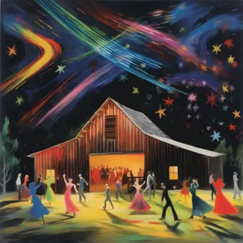 Colorful country barn dance under starlight with dancers in motion - Image 1