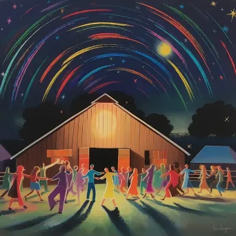 Colorful country barn dance under starlight with dancers in motion - Image 2