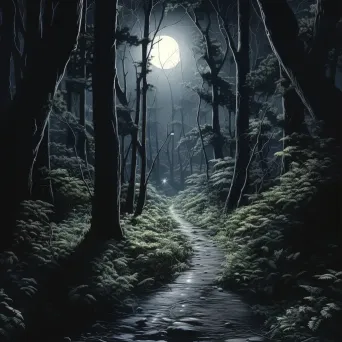 Moonlit path in dense forest with tall trees and intricate shadows - Image 1