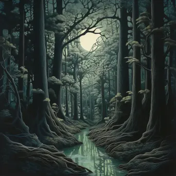 Moonlit path in dense forest with tall trees and intricate shadows - Image 3