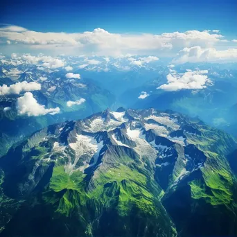 Majestic snow-capped mountains and green valleys seen from airplane window in aerial shot - Image 1