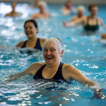 Seniors participating in a water aerobics class indoors - Image 1