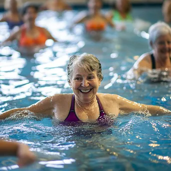 Seniors participating in a water aerobics class indoors - Image 2