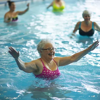 Seniors participating in a water aerobics class indoors - Image 4