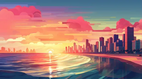 Low Poly style Art Deco seaside city under a vibrant sunset - Image 1