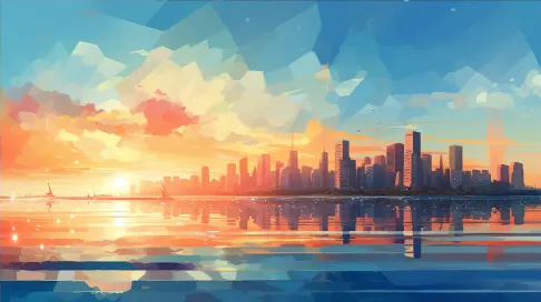 Low Poly style Art Deco seaside city under a vibrant sunset - Image 4