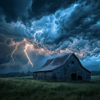 Thunderstorm with lightning above an old barn. - Image 1