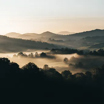 Misty valley landscape at dawn with sunlight breaking through fog - Image 4