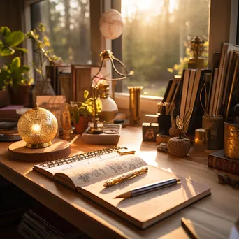 Charming home office desk with handcrafted supplies in warm light - Image 1