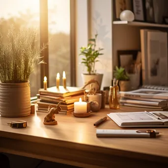 Charming home office desk with handcrafted supplies in warm light - Image 3