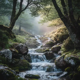 Cascading mountain stream flowing over stones in a misty morning atmosphere. - Image 2