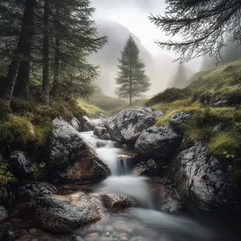 Cascading mountain stream flowing over stones in a misty morning atmosphere. - Image 3