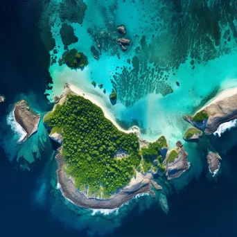 High-resolution satellite image of a tropical island with lush greenery, turquoise waters, and sandy beaches. - Image 1