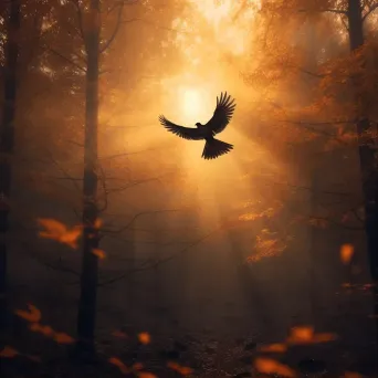 Bird flying out of a dark forest towards golden sunrise - Image 1