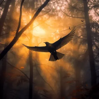 Bird flying out of a dark forest towards golden sunrise - Image 4