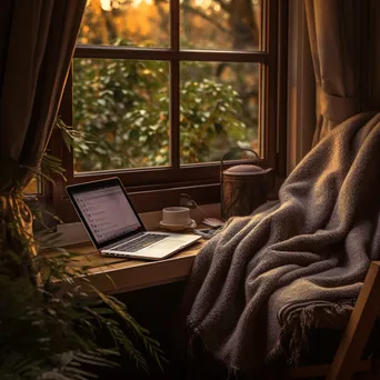 Cozy nook with laptop and blanket by window - Image 1