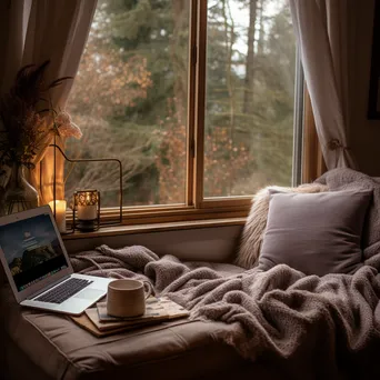 Cozy nook with laptop and blanket by window - Image 2