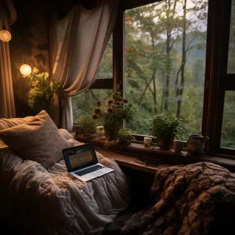 Cozy nook with laptop and blanket by window - Image 3