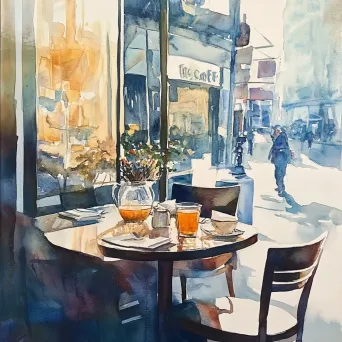 Early morning at a city cafe captured in watercolor - Image 2