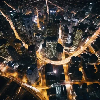 Aerial view of urban cityscape at night with glowing lights - Image 1