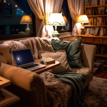 Cozy study area with an open laptop and soft lighting. - Image 1