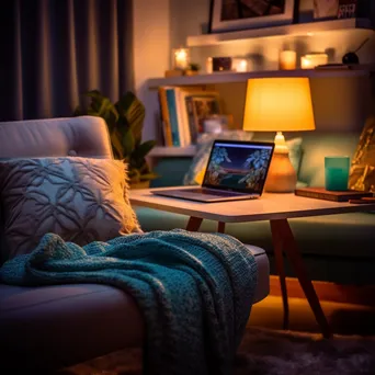 Cozy study area with an open laptop and soft lighting. - Image 2