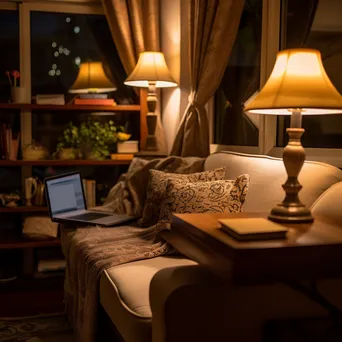 Cozy study area with an open laptop and soft lighting. - Image 3