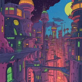 Comic-style alien cityscape in vibrant twilight colors - Image 2