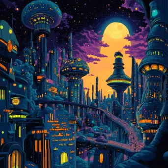 Comic-style alien cityscape in vibrant twilight colors - Image 4