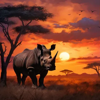 Black Rhino grazing in African plains with vibrant sunset - Image 1