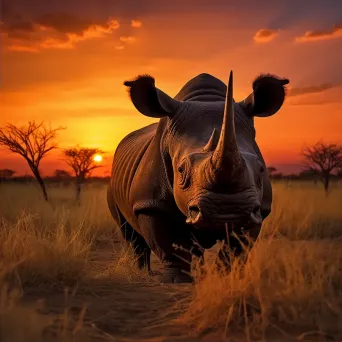 Black Rhino grazing in African plains with vibrant sunset - Image 2