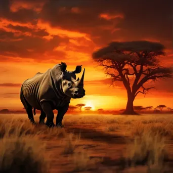 Black Rhino grazing in African plains with vibrant sunset - Image 3