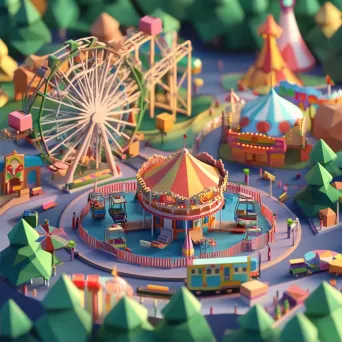 Low poly and isometric view of a whimsical amusement park at dawn - Image 2