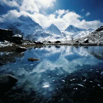 Image of a serene alpine lake reflecting a clear blue sky surrounded by snow-capped mountains - Image 2