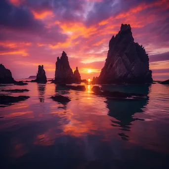 Vibrant sunset behind coastal sea stacks - Image 1